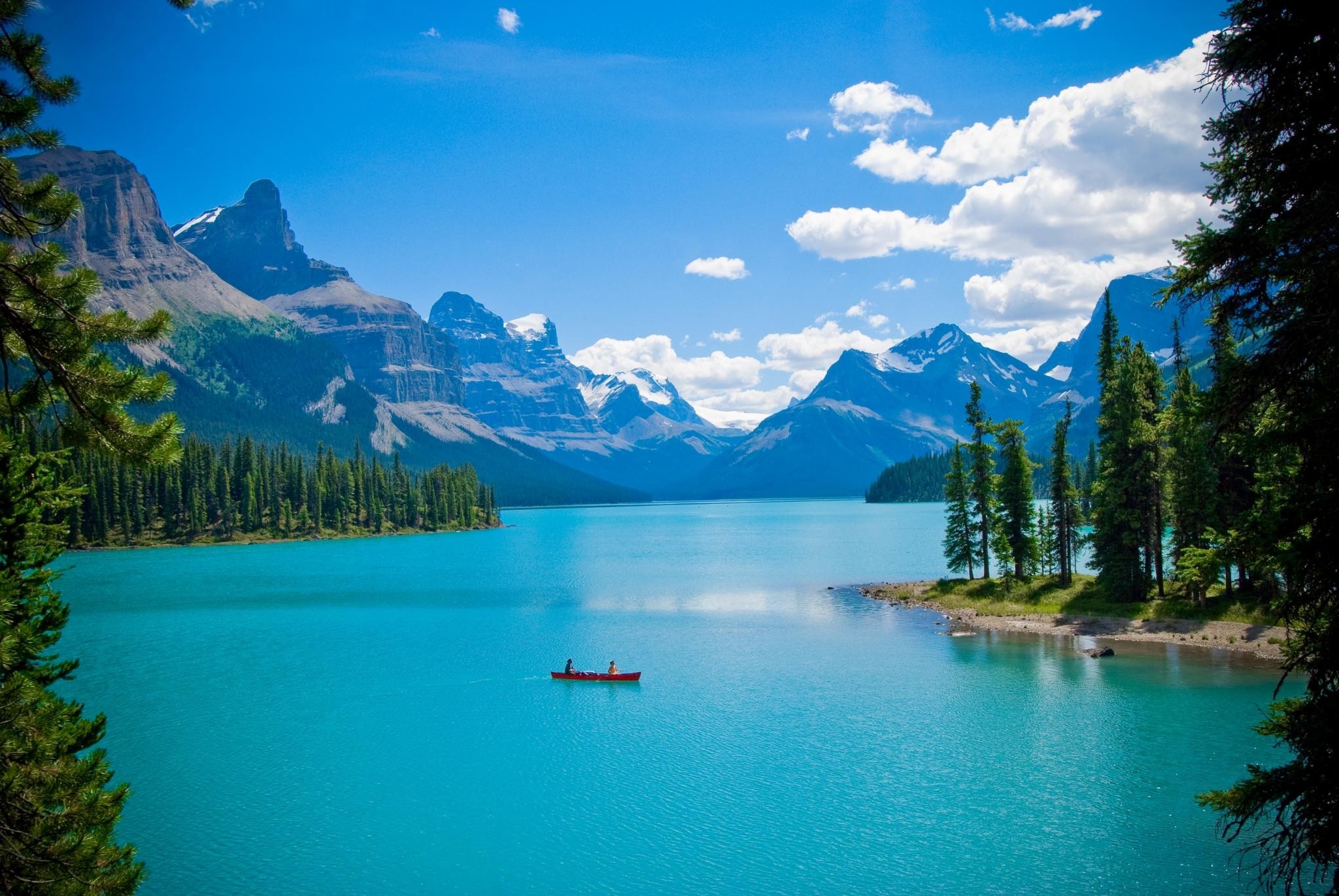 Canada Landscape Lake Forest Mountain Boat Trees Wallpaper