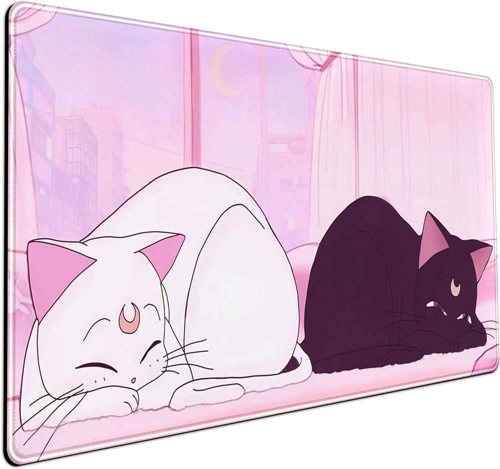 Desk Pad Pink Anime White Cat Black Gaming Mouse Large
