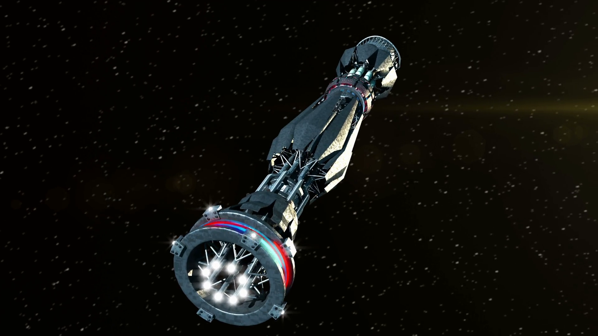 Futuristic military spacecraft initiating a warp drive and opening