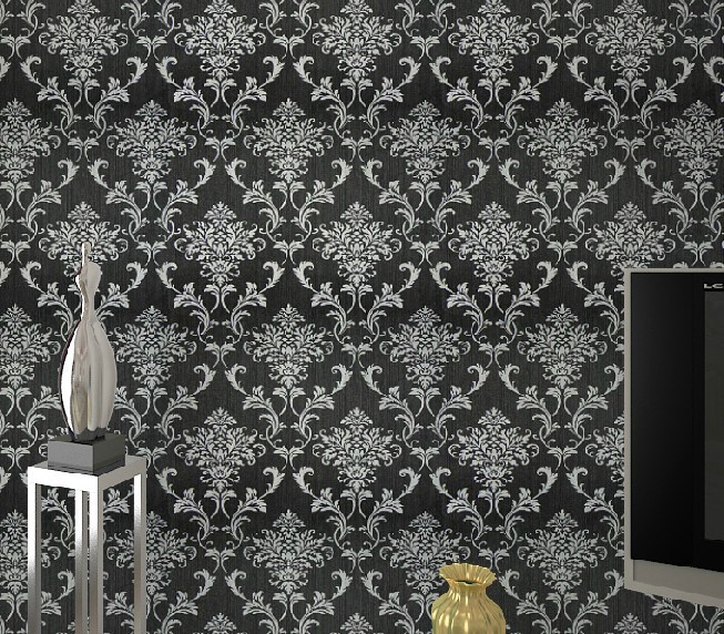 Pvc Glitter Black Silver Damask Wallpaper Background Wall Bedroom