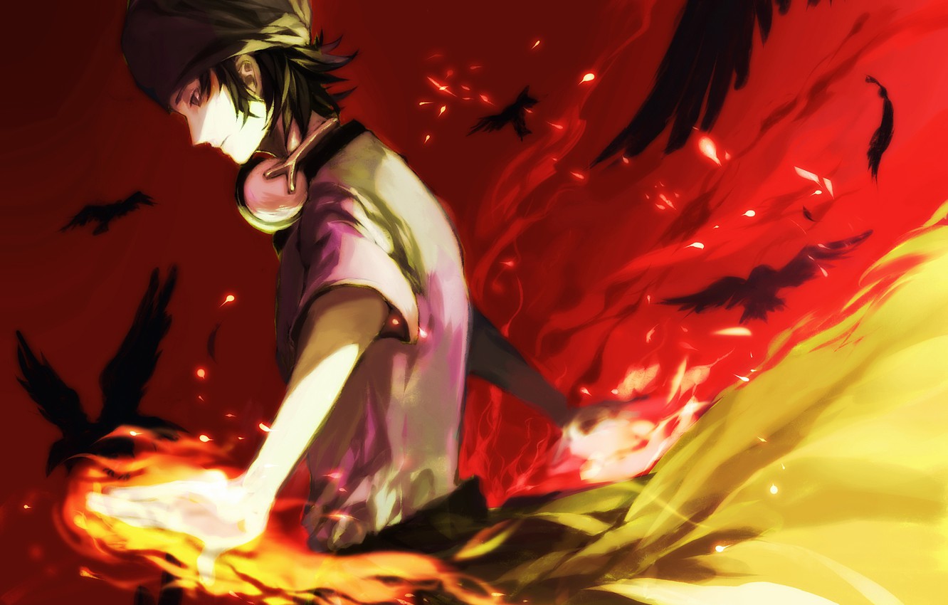 Wallpaper Birds Fire Magic Anime Feathers Headphones Art