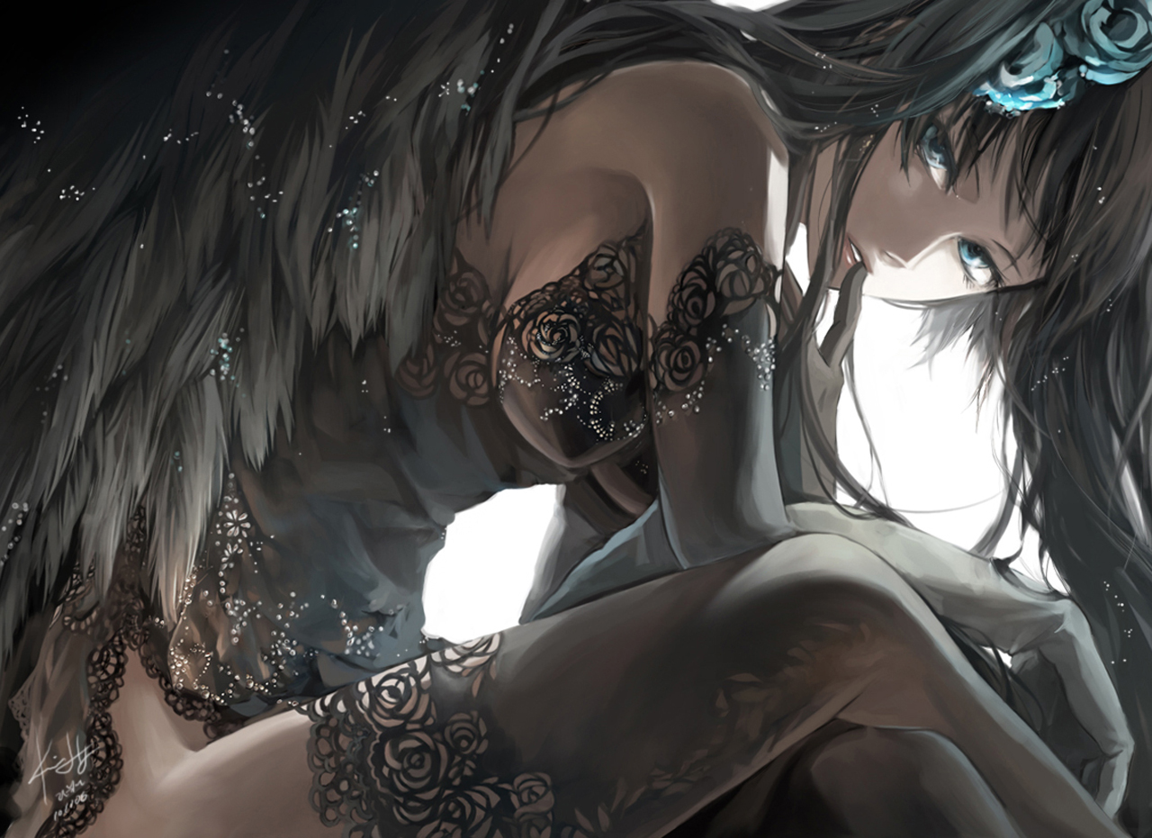 Beautiful Anime Girl Black Dress Wings HD Wallpaper Desktop Pc