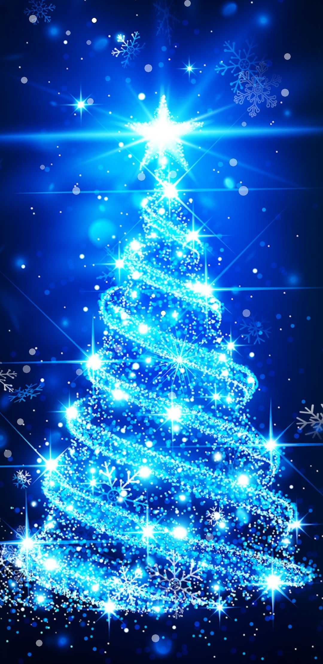 A vibrant blue Christmas tree formed by swirling lights and sparkles, set against a deep blue backdrop with snowflakes and shimmering stars