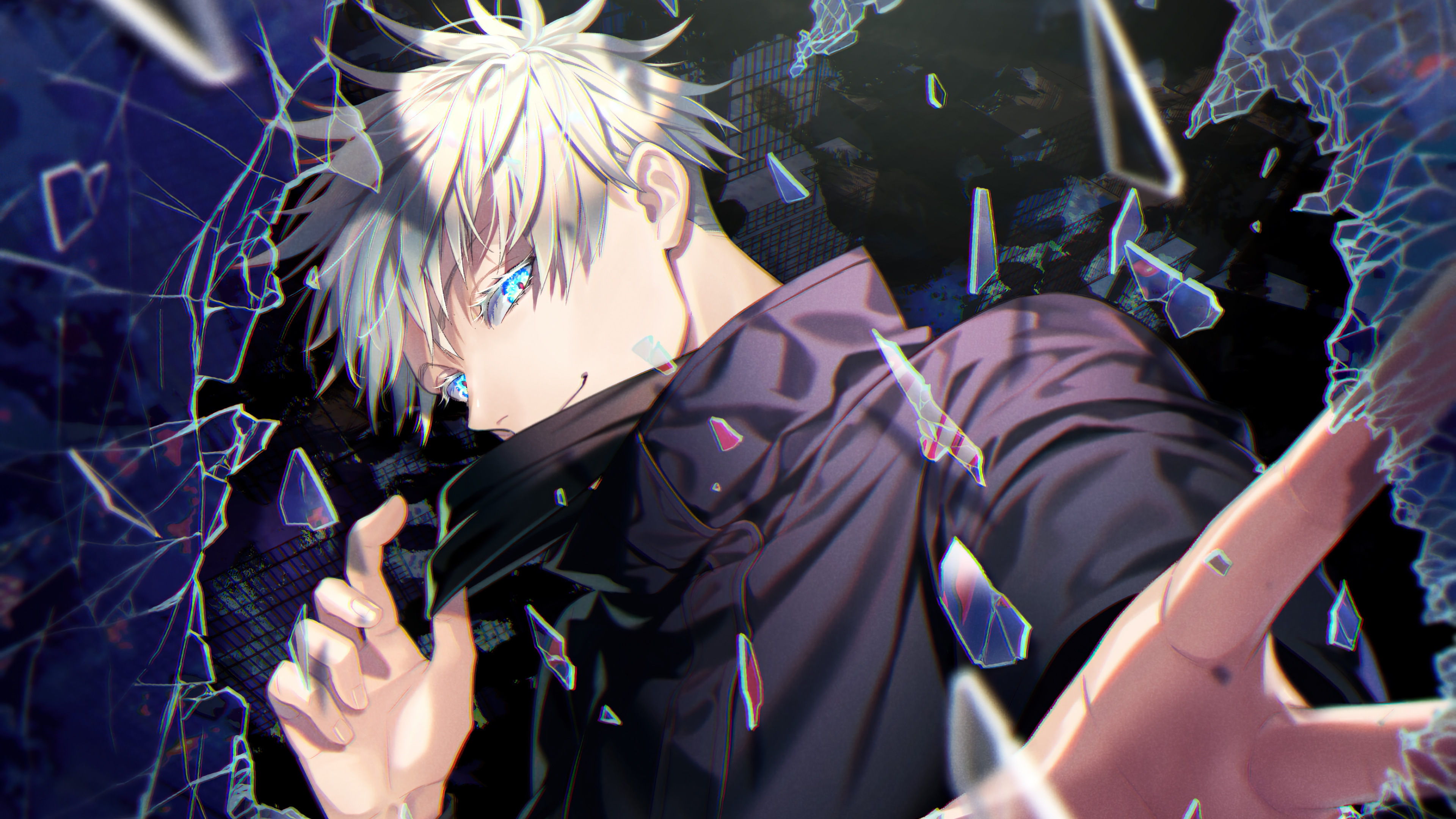 Dynamic illustration of Gojo Satoru from Jujutsu Kaisen, amidst shattered glass, with his signature blue eyes and partially obscured face