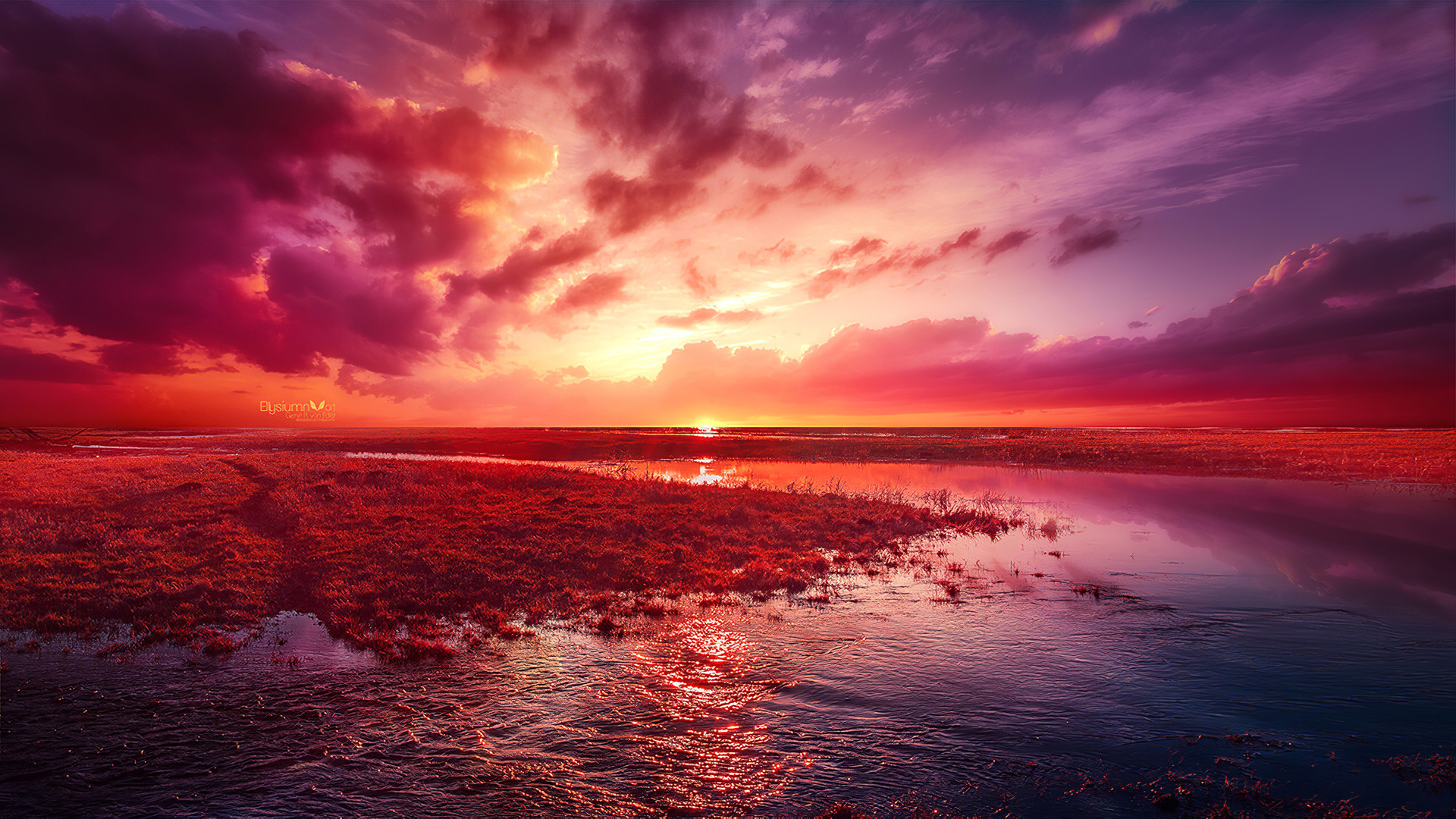 Vivid 4K wallpaper of a breathtaking sunset over a tranquil body of water, with vibrant hues of red and purple painting the sky and reflecting on the calm surface