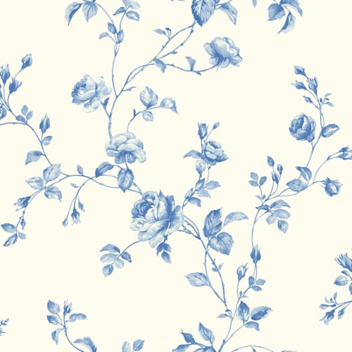 Kitchen and Bath White True Blue and Light Blue Rose Toile Wallpaper