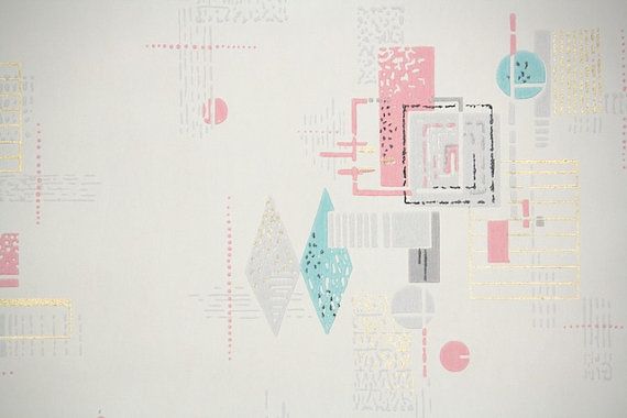 S Vintage Wallpaper Aqua Pink And Gray Mid Century Geometric On