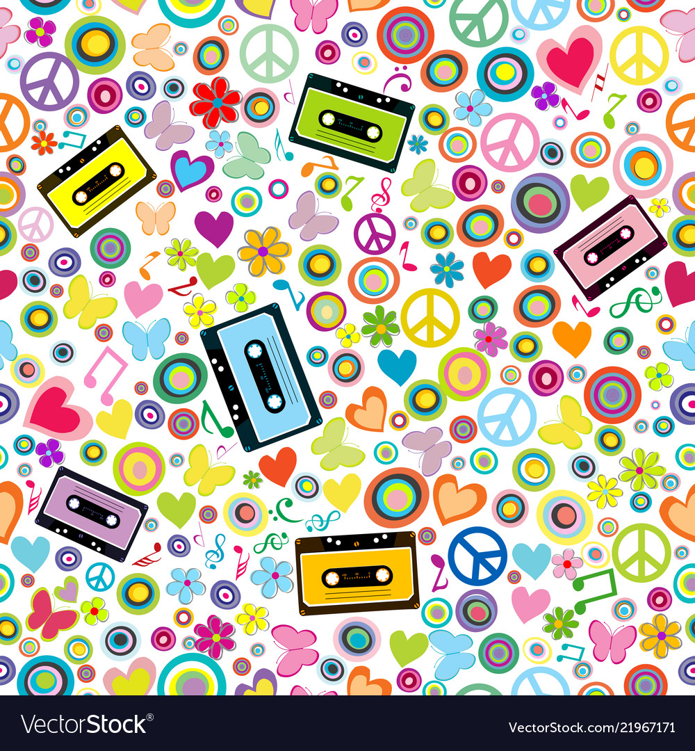 Flower Power Background With Audio Tape Cassettes Vector Image