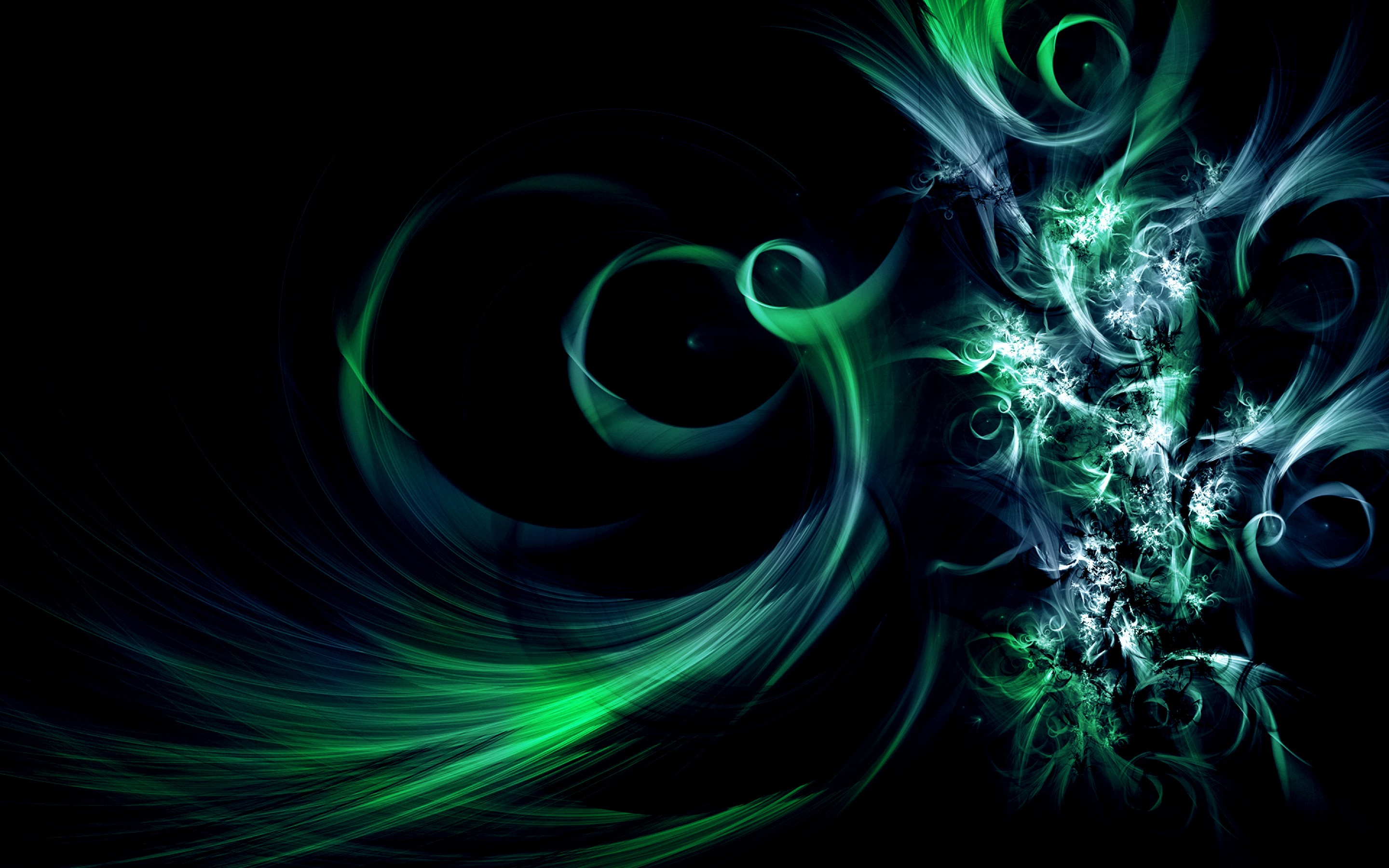 Abstract teal and green swirls on a black background, creating a cool and dynamic PC wallpaper