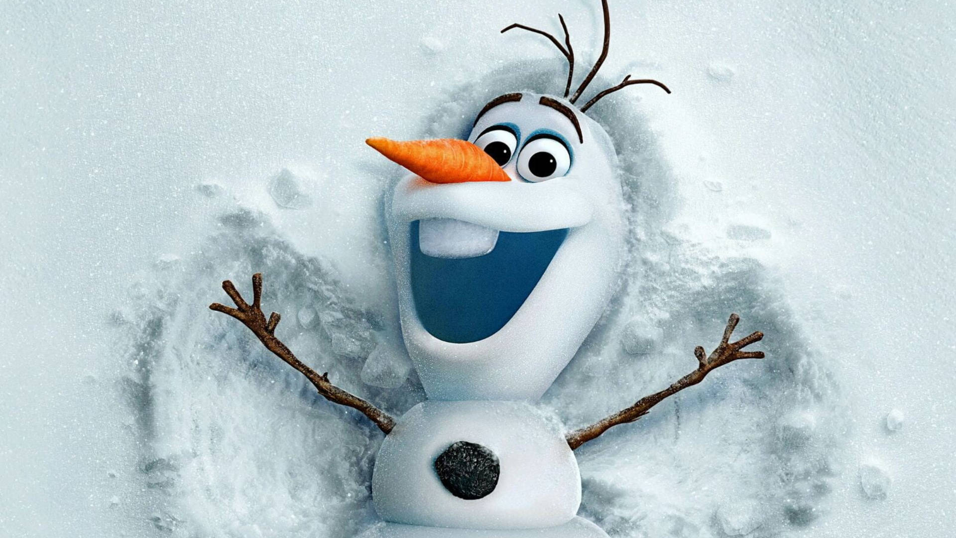 Olaf the snowman making a snow angel in fresh snow, from Disney's Frozen