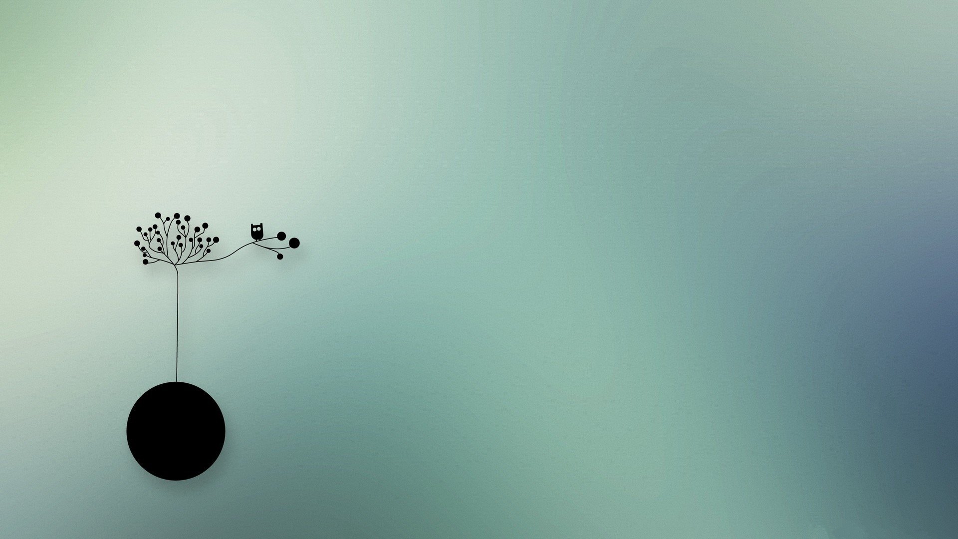 A minimalist design featuring a black silhouette of a small tree growing out of a black circle, with a tiny owl perched on a branch against a soft, gradient background