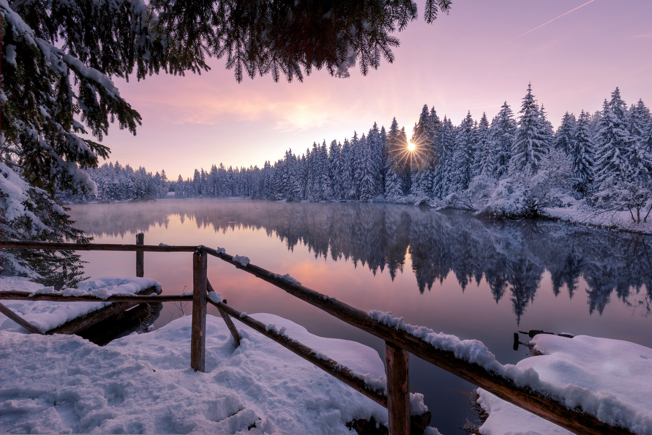 Serene winter landscape at sunrise with snow-covered trees and a calm lake reflecting the pastel sky