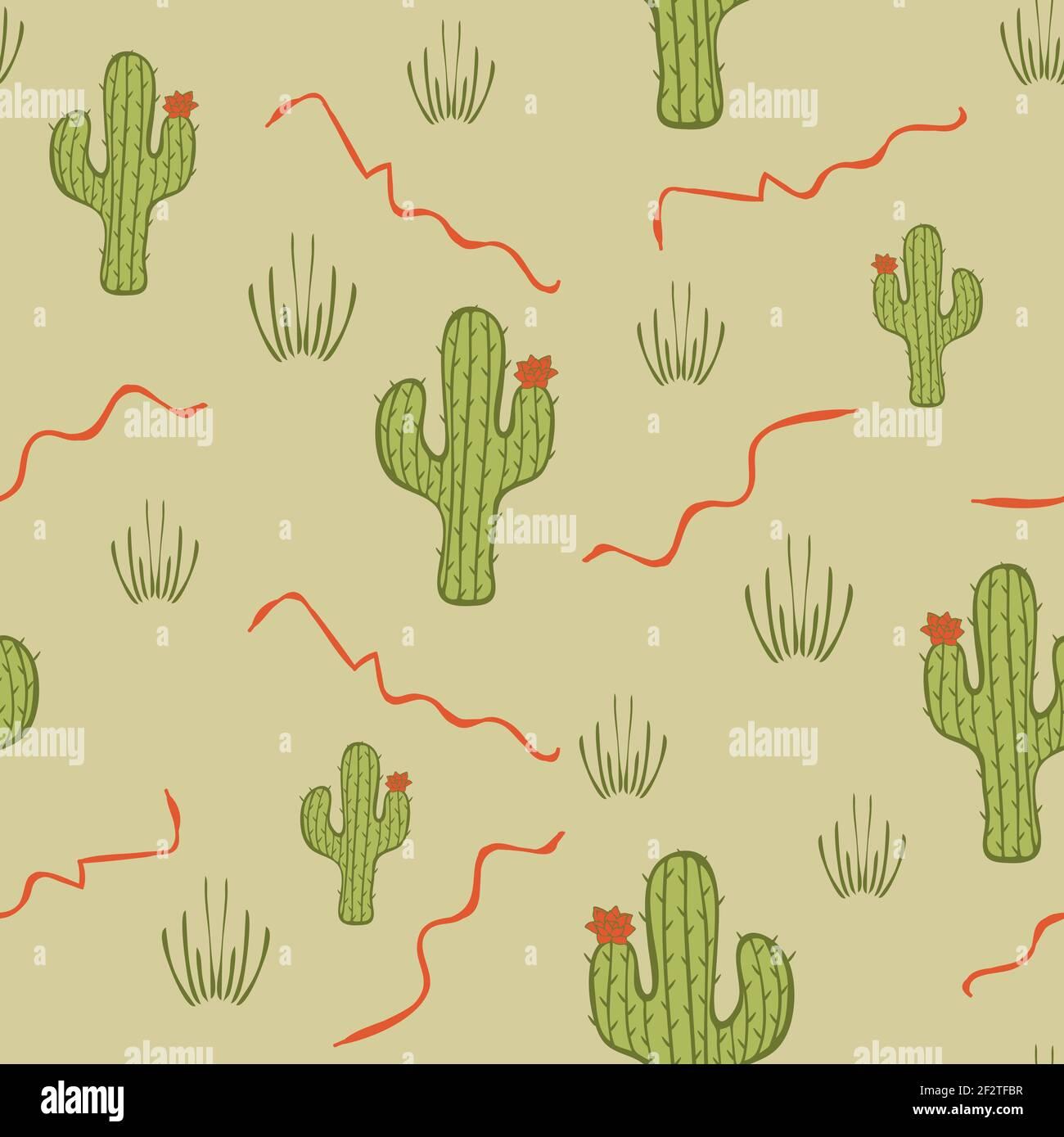 Seamless Vector Pattern With Cactus On Stone Grey Background