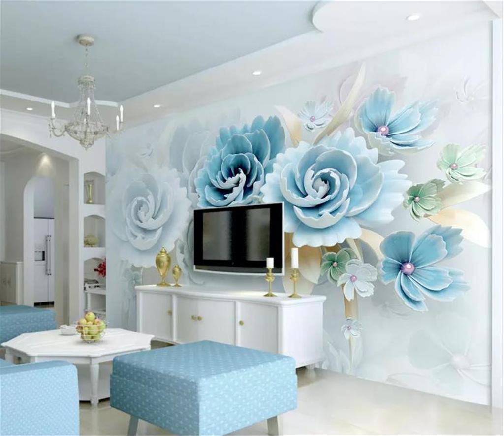 3d Wallpaper Mural Custom New Embossed Flowers Blue Fresh