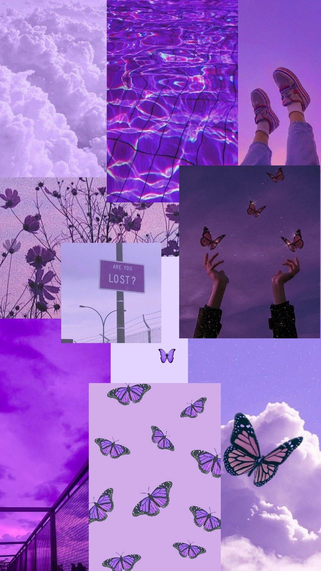 A collage of purple aesthetic images, including clouds, water, flowers, butterflies, and a sign that says 