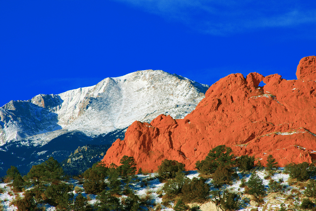 Pikes Peak Mountain Kissing Camels Red Rocks In The Foreg