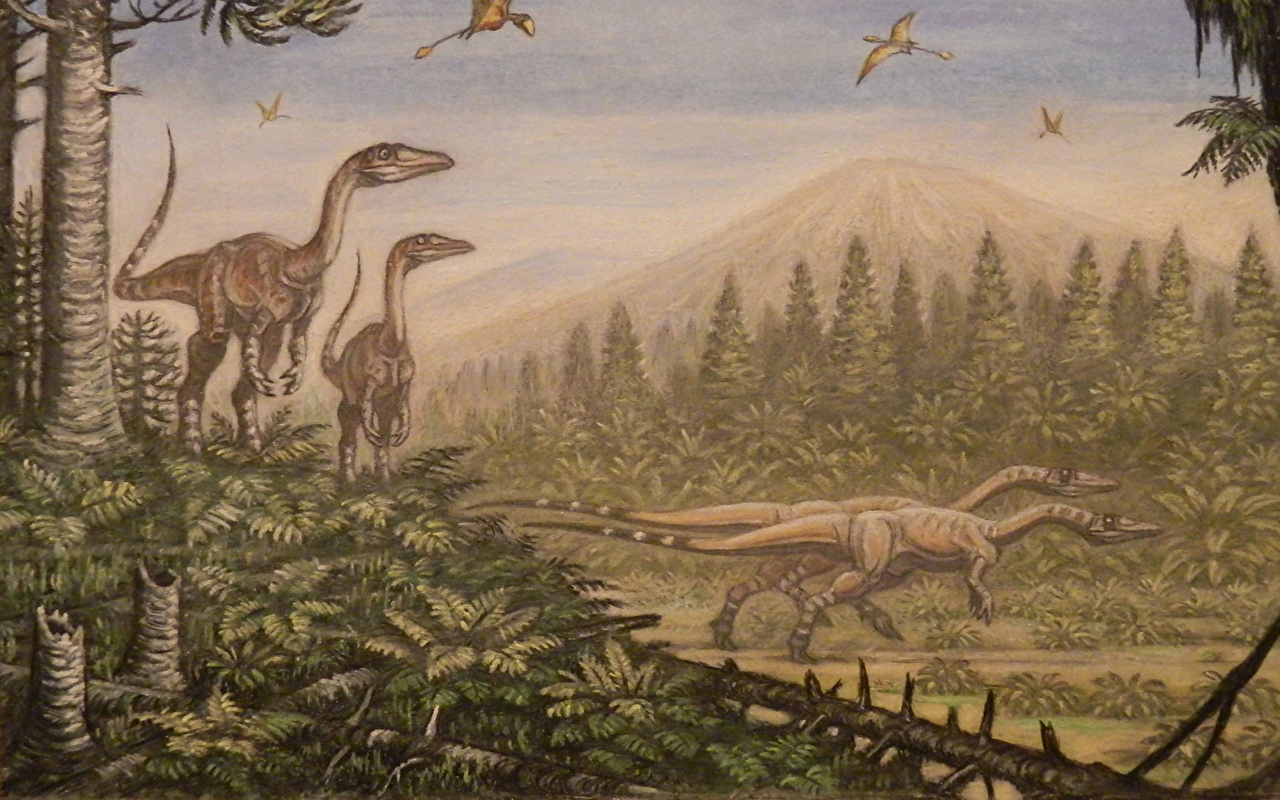 Photo Dinosaurs Coelophysis Peteinosaurus Animals Painting