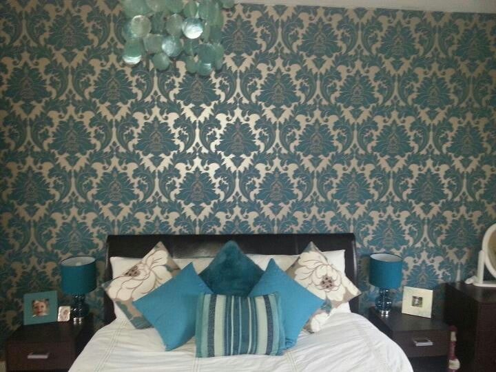 Teal Damask bedroom using Graham and Brown paste the wall fab 720x540