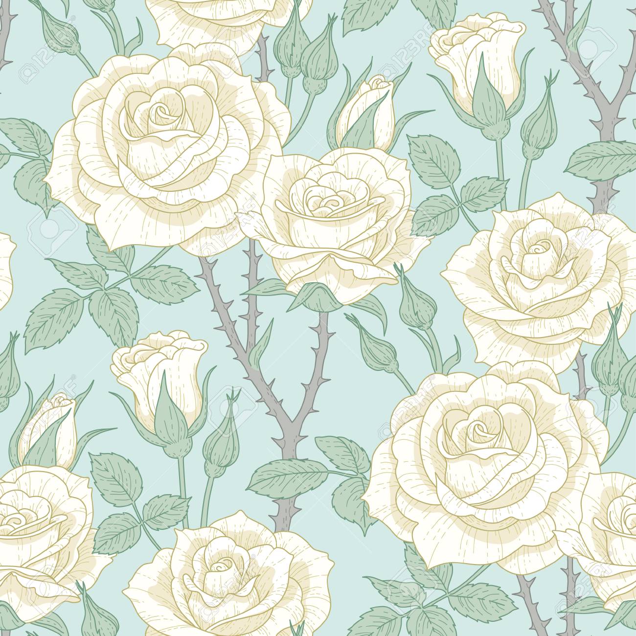 Floral Seamless Pattern Of White Roses On Light Blue Background