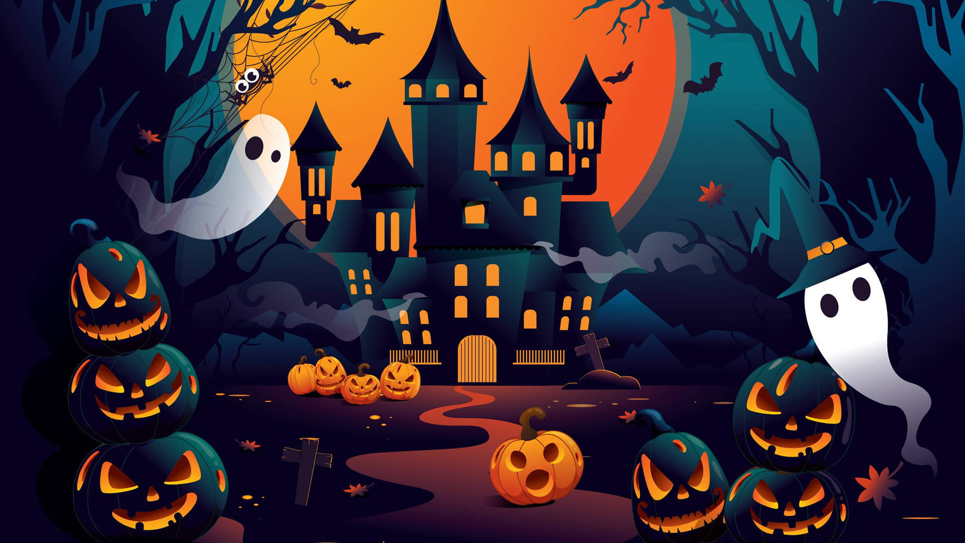 A kawaii Halloween illustration featuring a spooky castle, cute ghosts, and smiling jack-o'-lanterns against a backdrop of a large moon