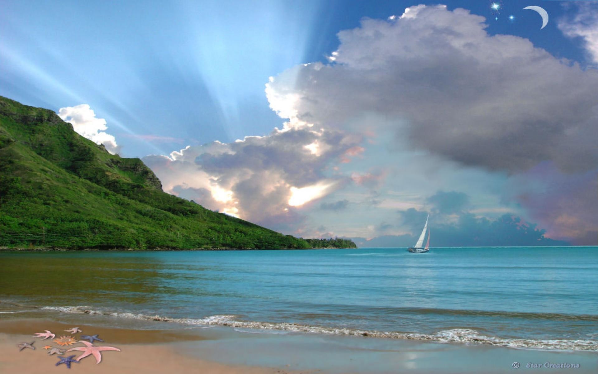 Tropical beach scene with a sailboat, mountains, and a crescent moon