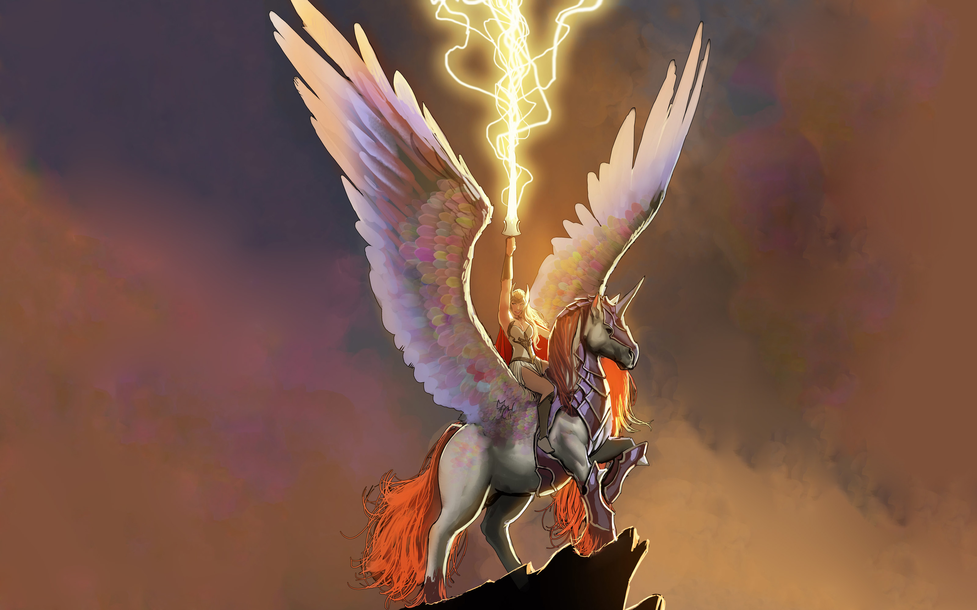 Valkyrie Marvel Pegasus Lightning Wings Drawing Wallpaper