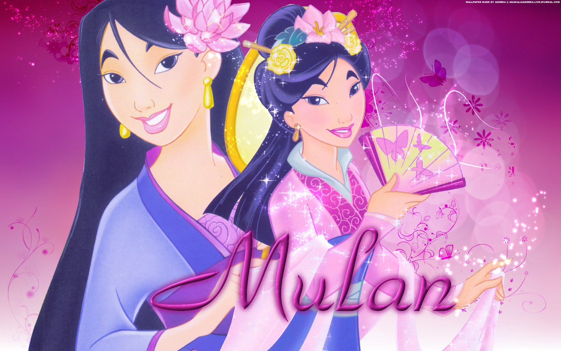 A vibrant illustration of Mulan in two different poses, one in traditional attire and the other in a more casual style, against a pink backdrop with floral and butterfly motifs. Perfect for Mulan fans