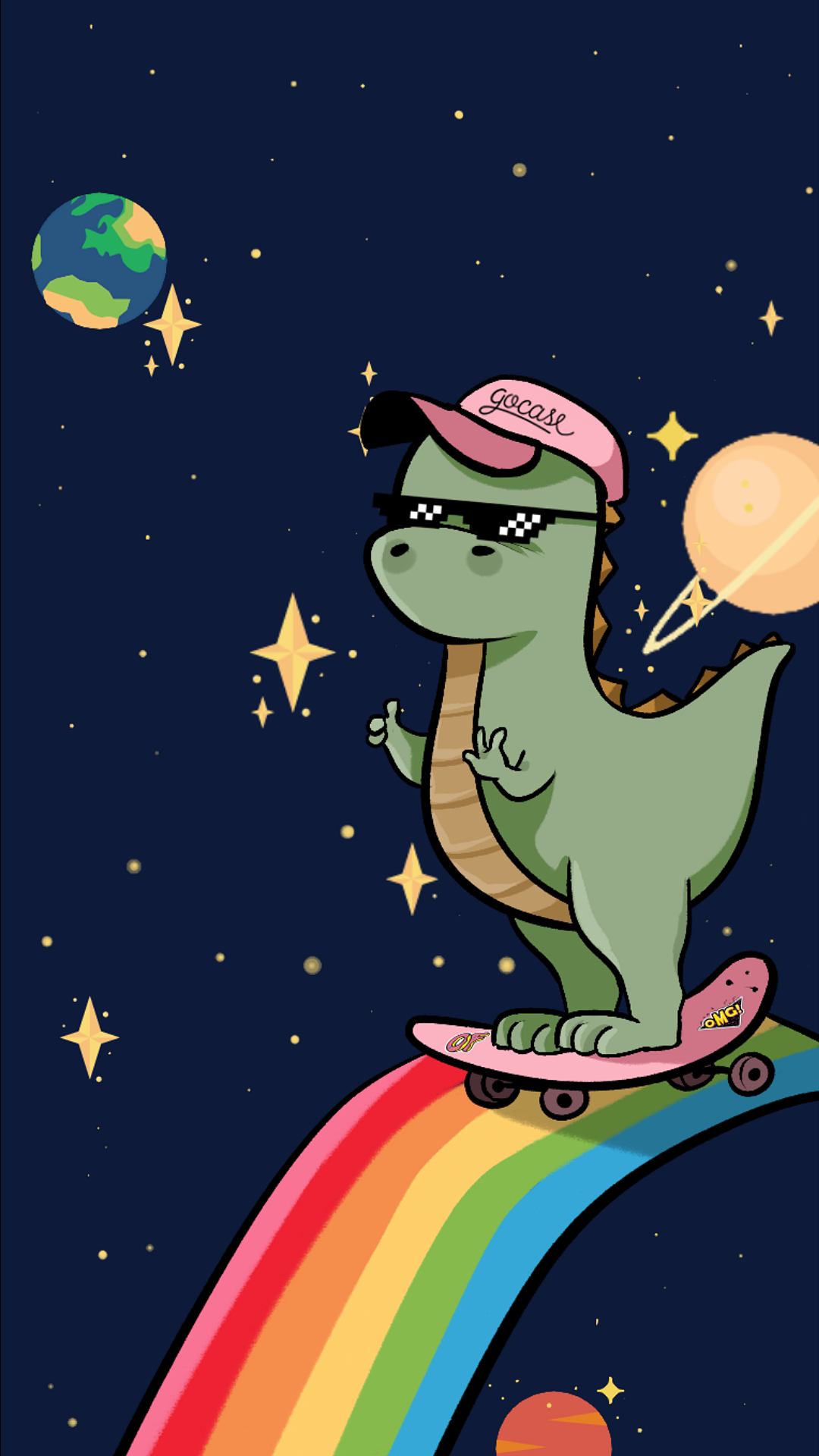 A cute cartoon dinosaur wearing a pink cap and sunglasses, skateboarding on a rainbow through space