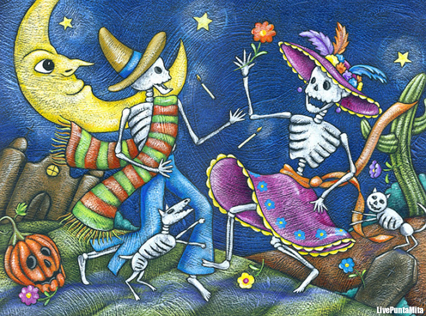 Day Of The Dead Print Skeletons