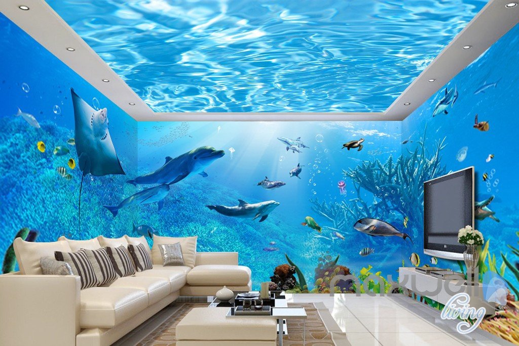 3d Underwater Rays Fish Shimmering Water Ceiling Entire Living