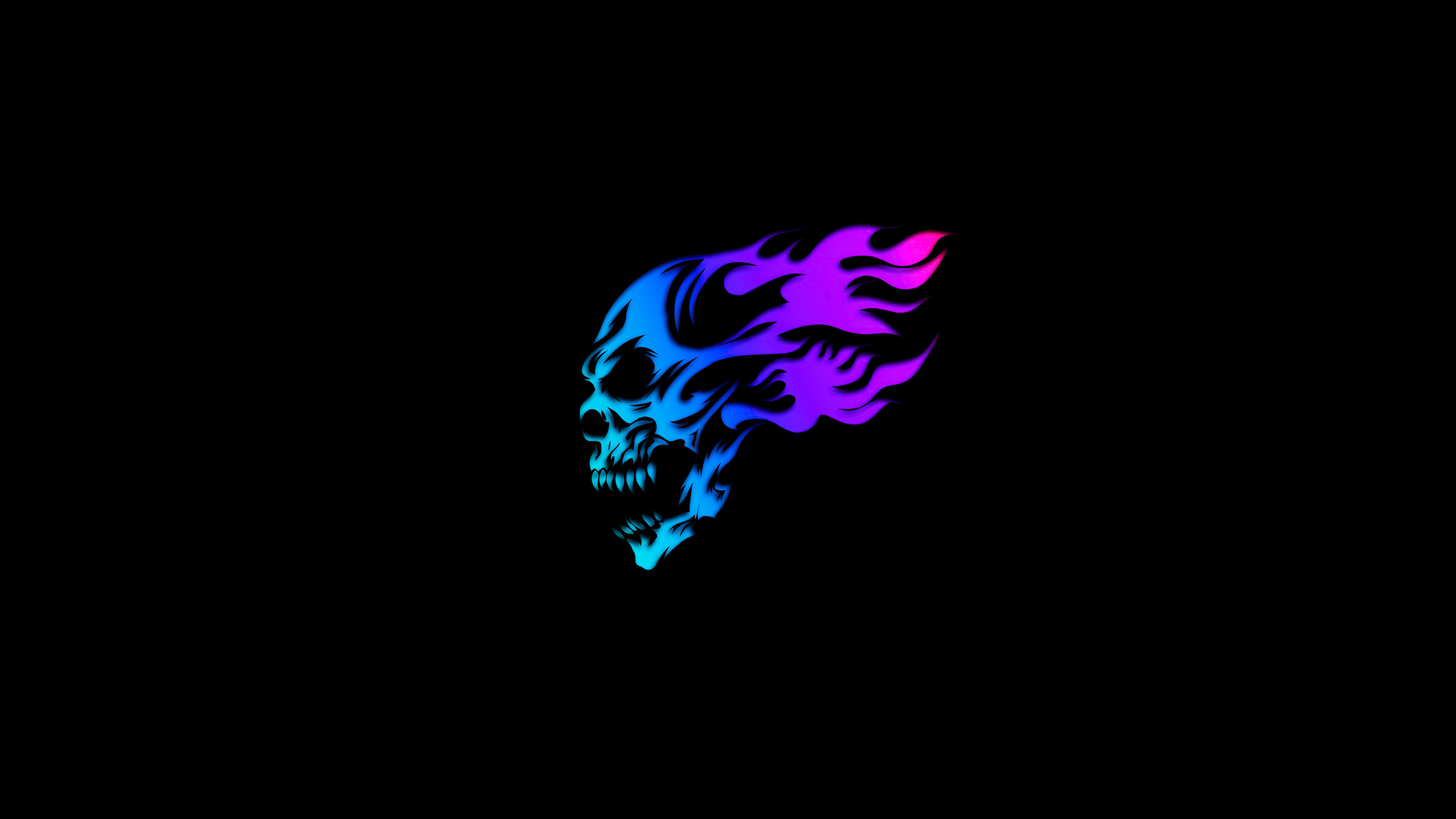 A stylized illustration of a flaming skull. The skull is rendered in a cool blue, with the flames transitioning from blue to pink. It exudes a sense of danger and vibrant energy