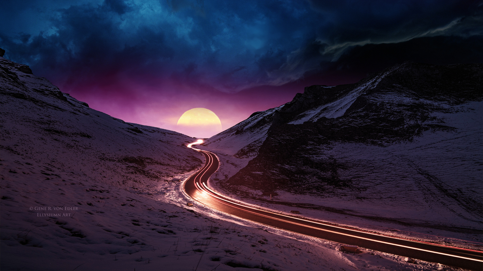 A winding road through snow-covered mountains under a large, low-hanging moon and a vibrant, colorful sky