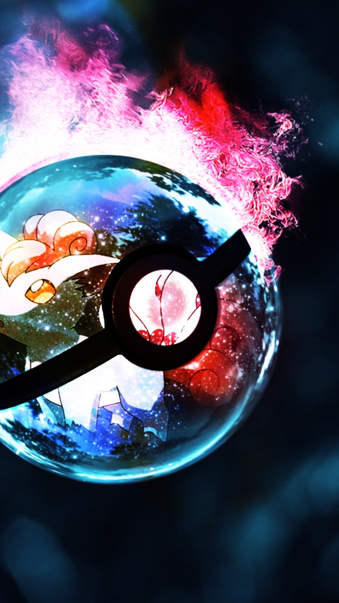 A vibrant Pokemon wallpaper featuring a Pokeball with a galaxy design and a majestic Pokemon engulfed in flames