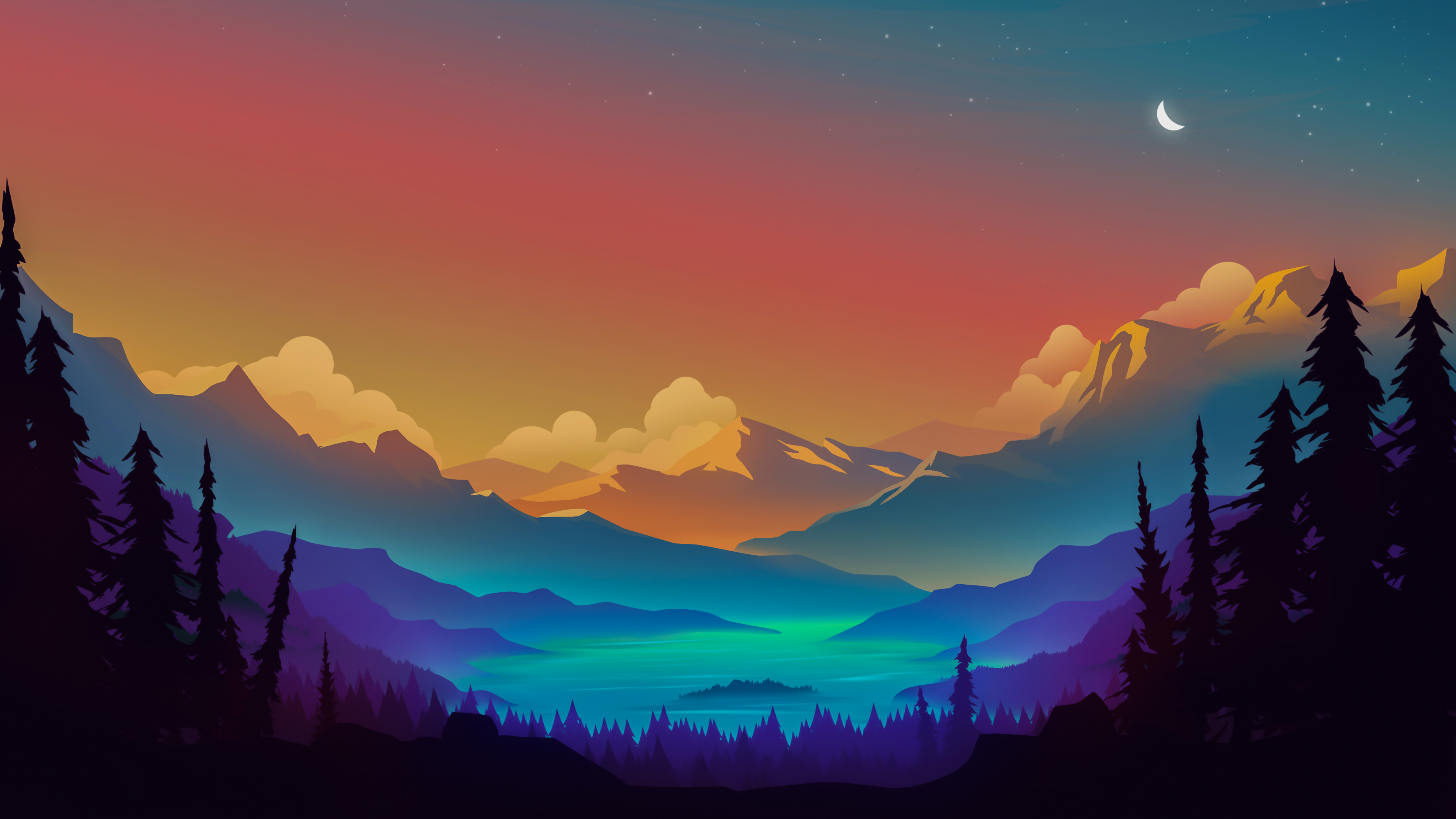 4K wallpaper of a tranquil mountain landscape at sunset with a crescent moon