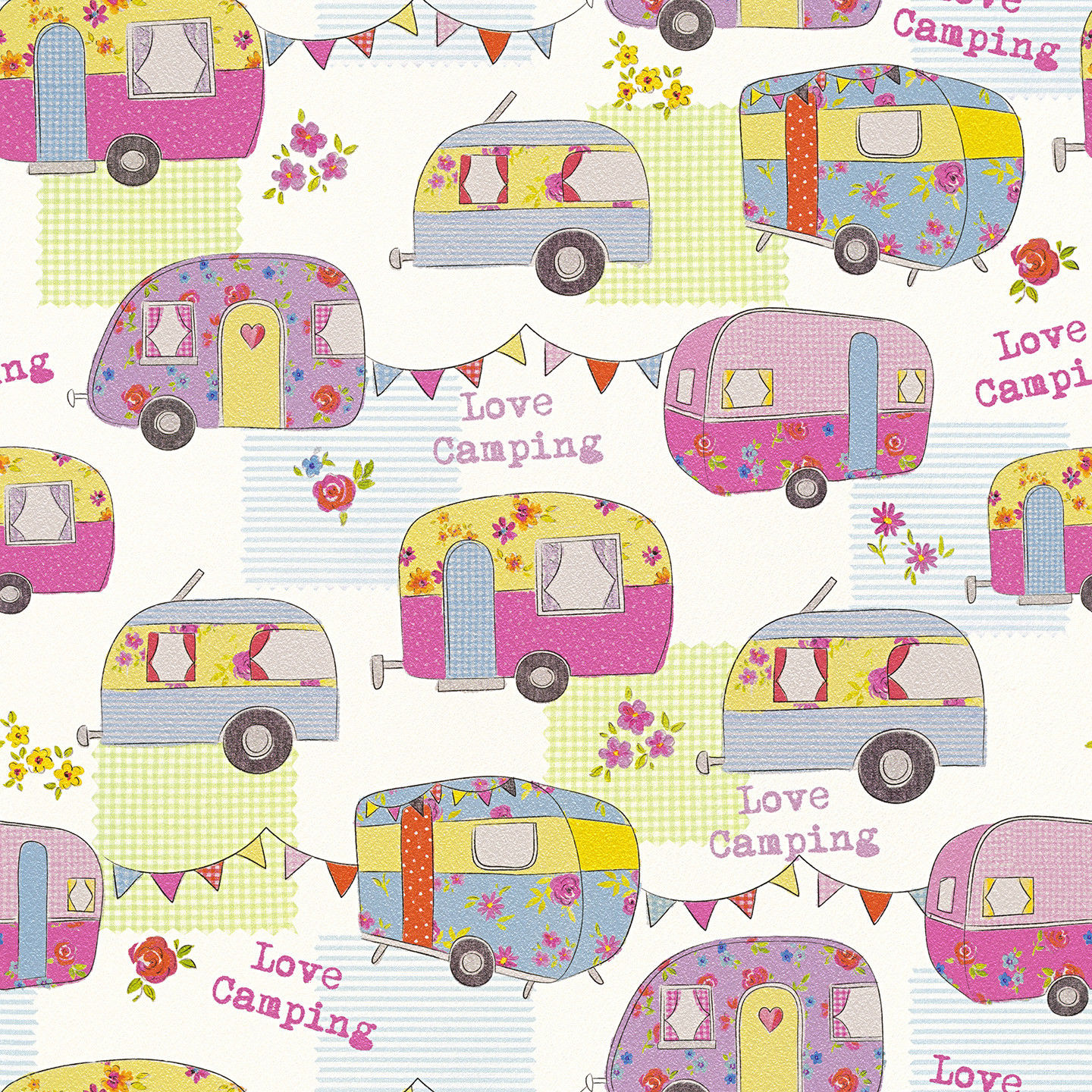 Colourful Caravan Wallpaper Camper Van Bright Fun Funky Bunting As