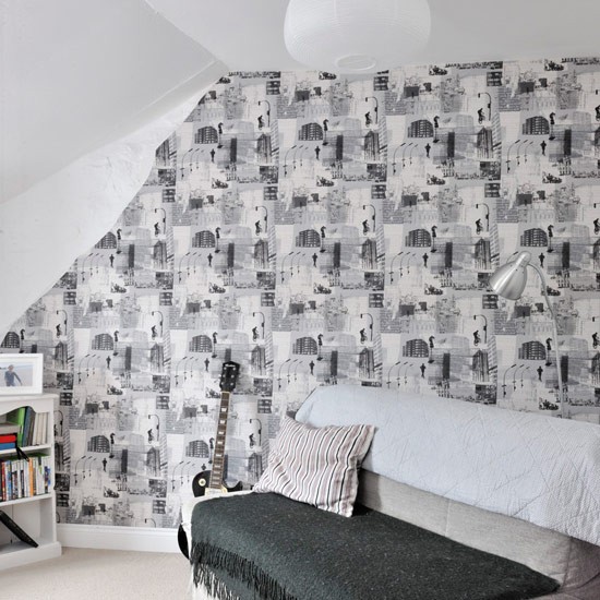 Guest Bedoom With Pictorial Wallpaper Modern Country Cottage House