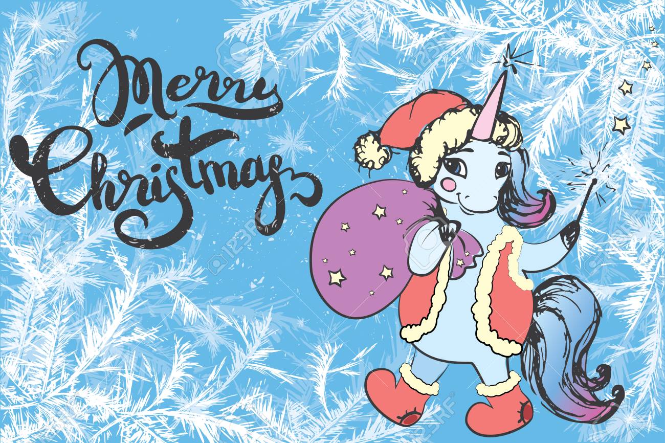 Merry Christmas Lettering On Frost Background And Cute Xmas Unic