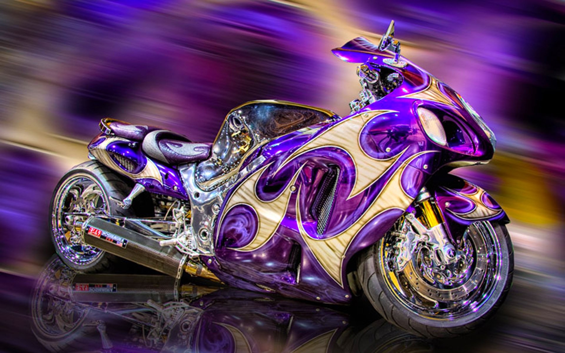 Custom Purple and Gold Motorcycle with Motion Blur Background
