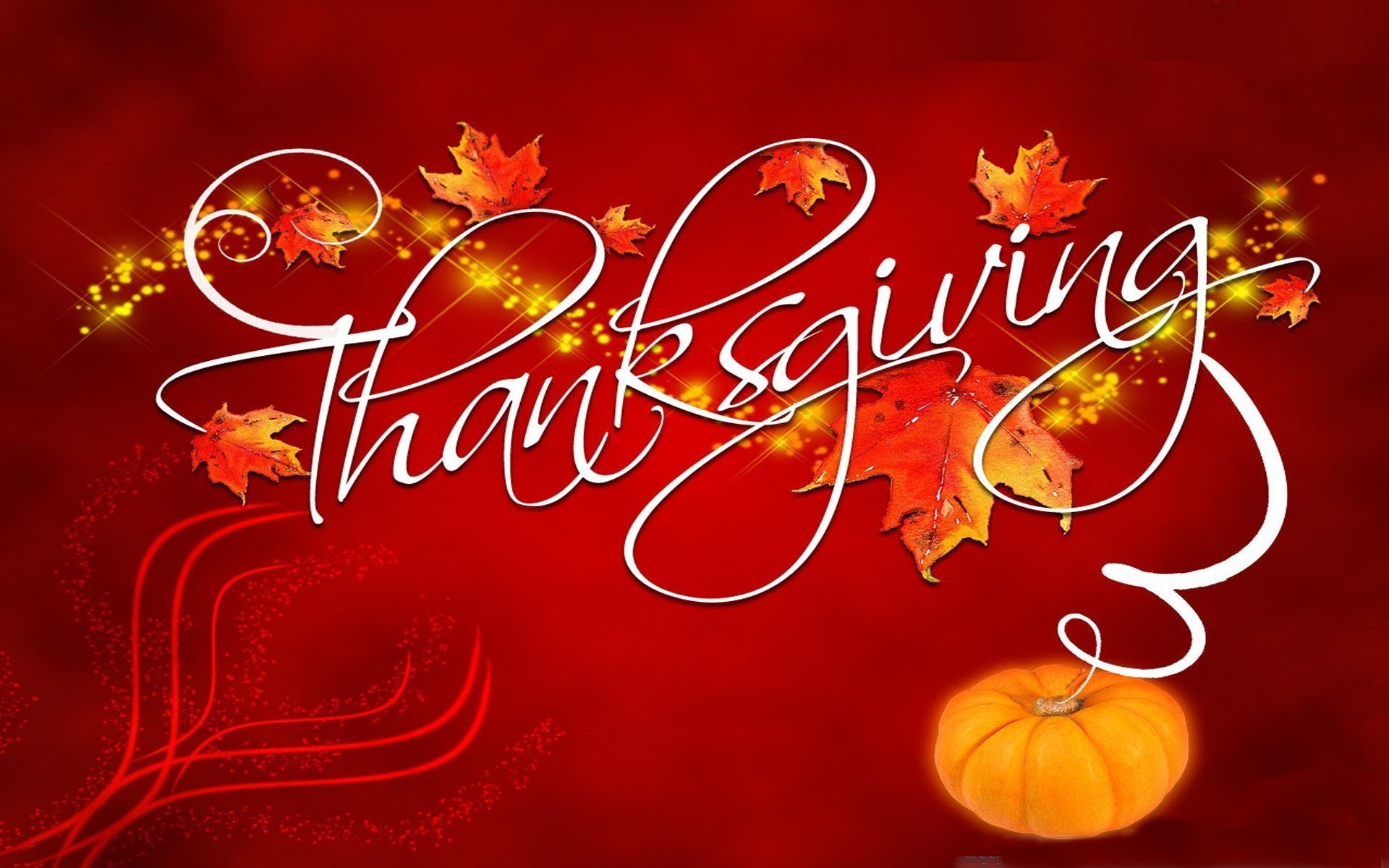 Thanksgiving greeting with autumn leaves and a pumpkin on a red background