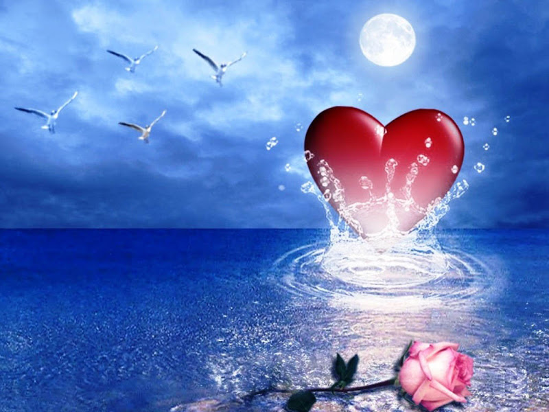 Red Heart On Water Beautiful With Clouds Very