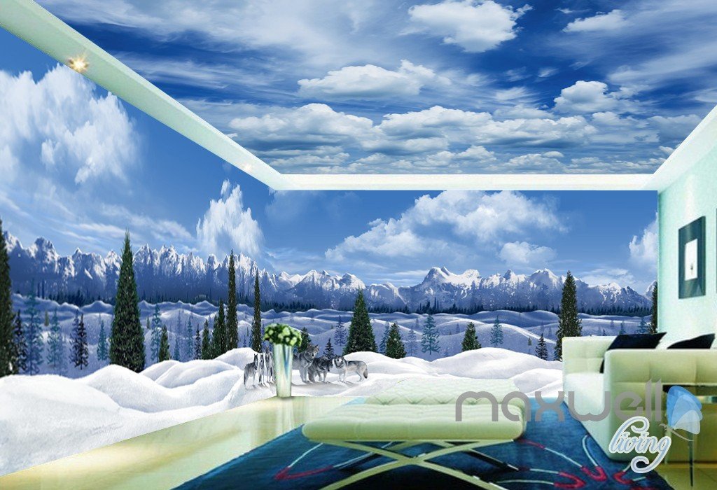 Free Download 3d Snow Mountain Wolf Sky Clouds Ceiling Entire Room