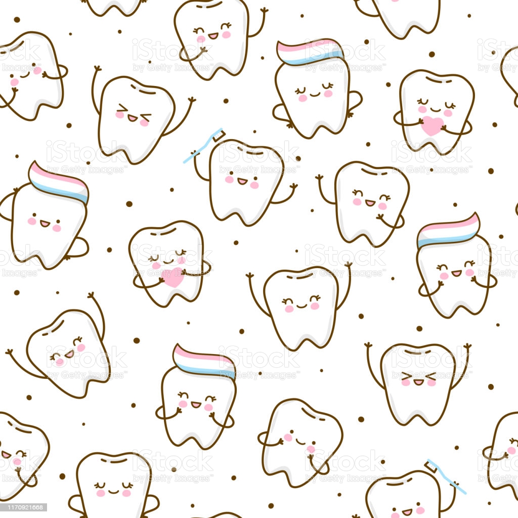 Seamless Pattern With Cute Teeth Isolated On White Background For
