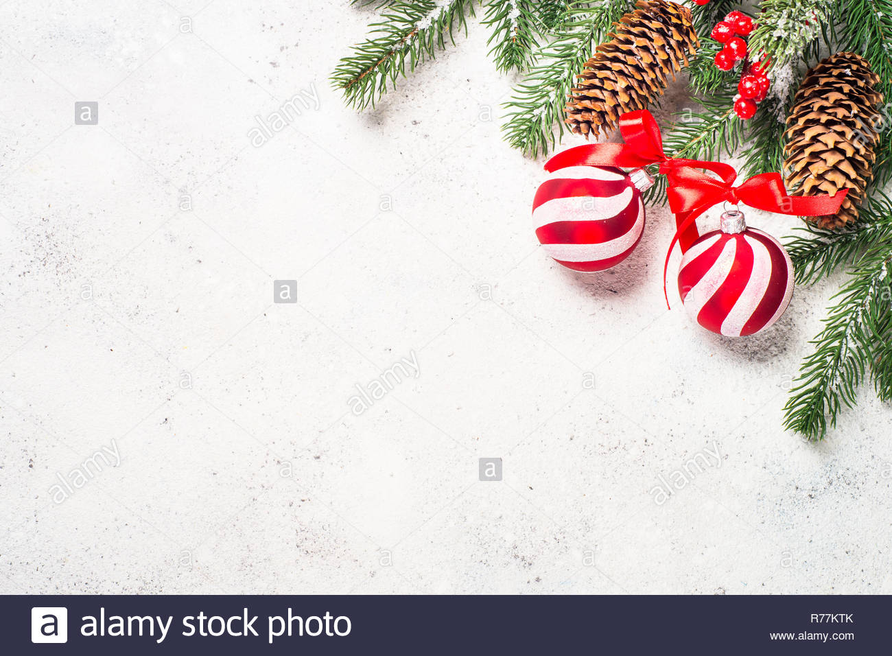 Christmas background with fir tree red ball and decorations on
