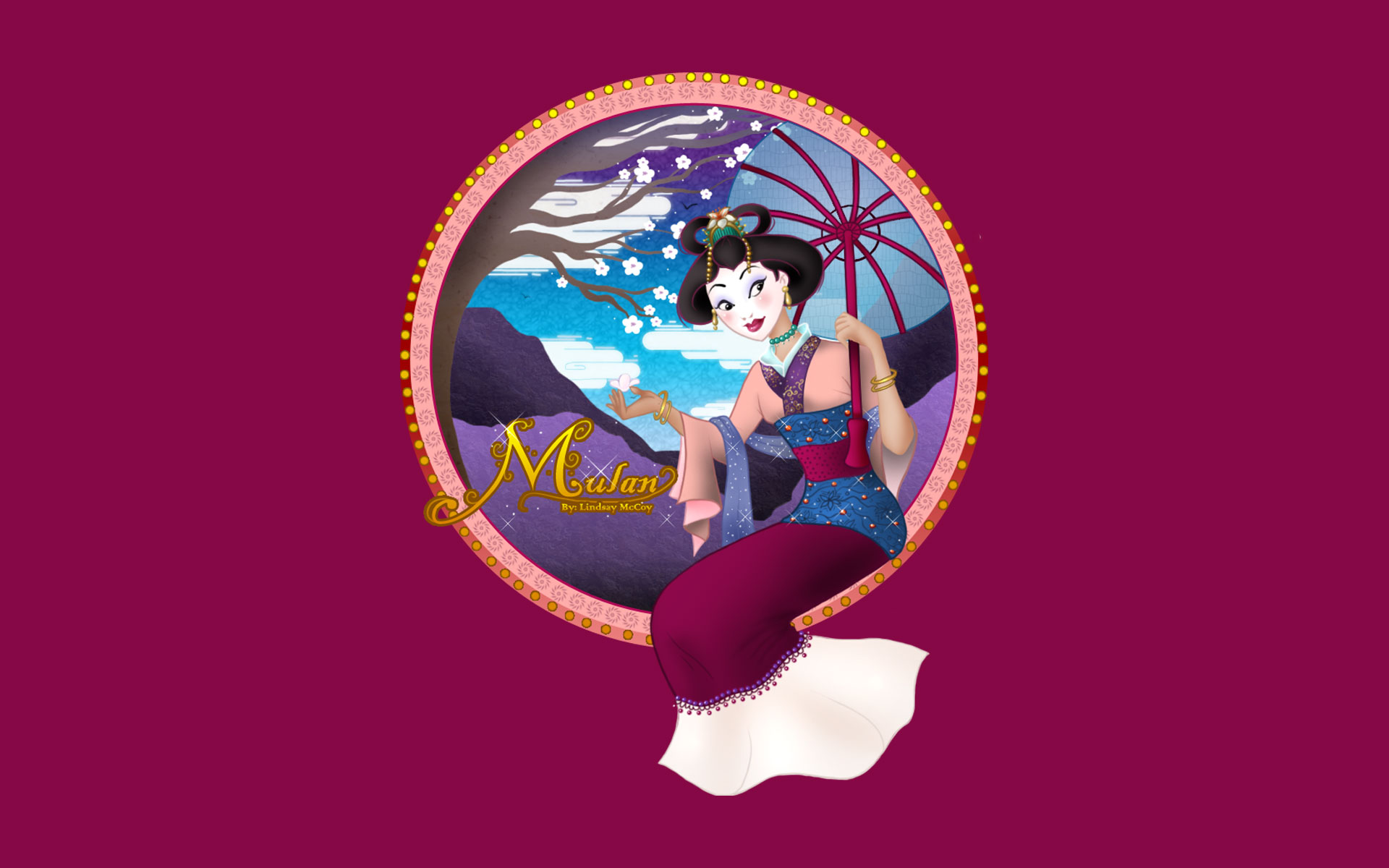 A stylized depiction of Mulan from Disney's Mulan, holding a parasol and dressed in traditional Chinese attire against a backdrop of a cherry blossom tree