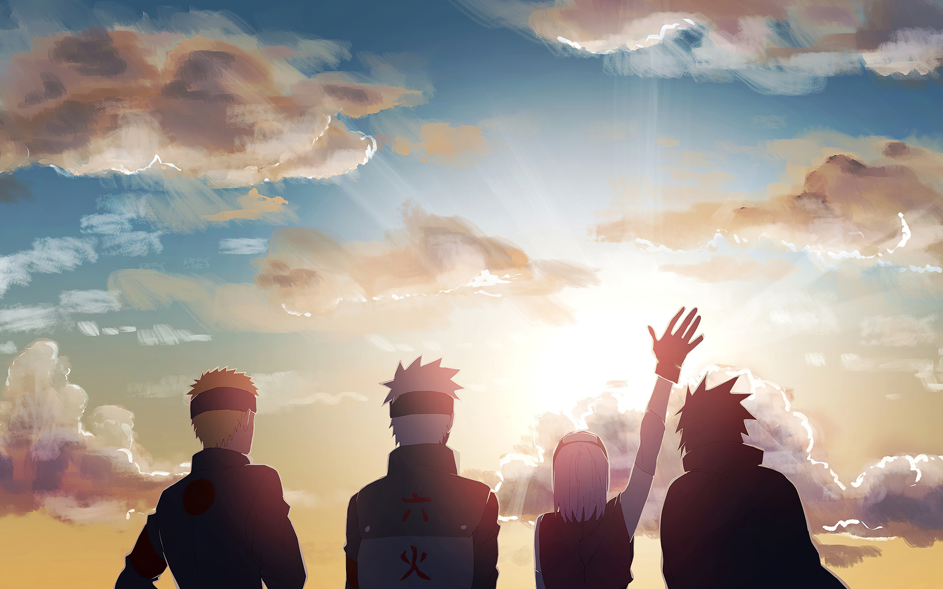 Silhouettes of four Naruto characters against a vibrant sunset, a Naruto 4k wallpaper