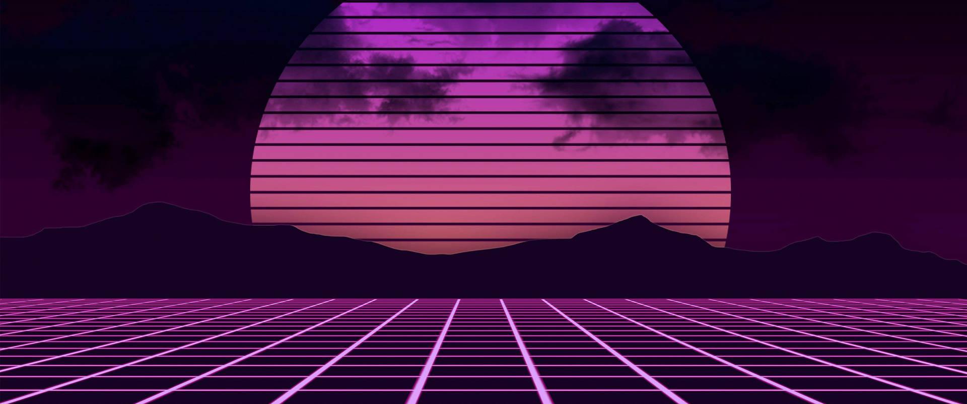 A Purple Retrowave Landscape With Full Moon Wallpaper