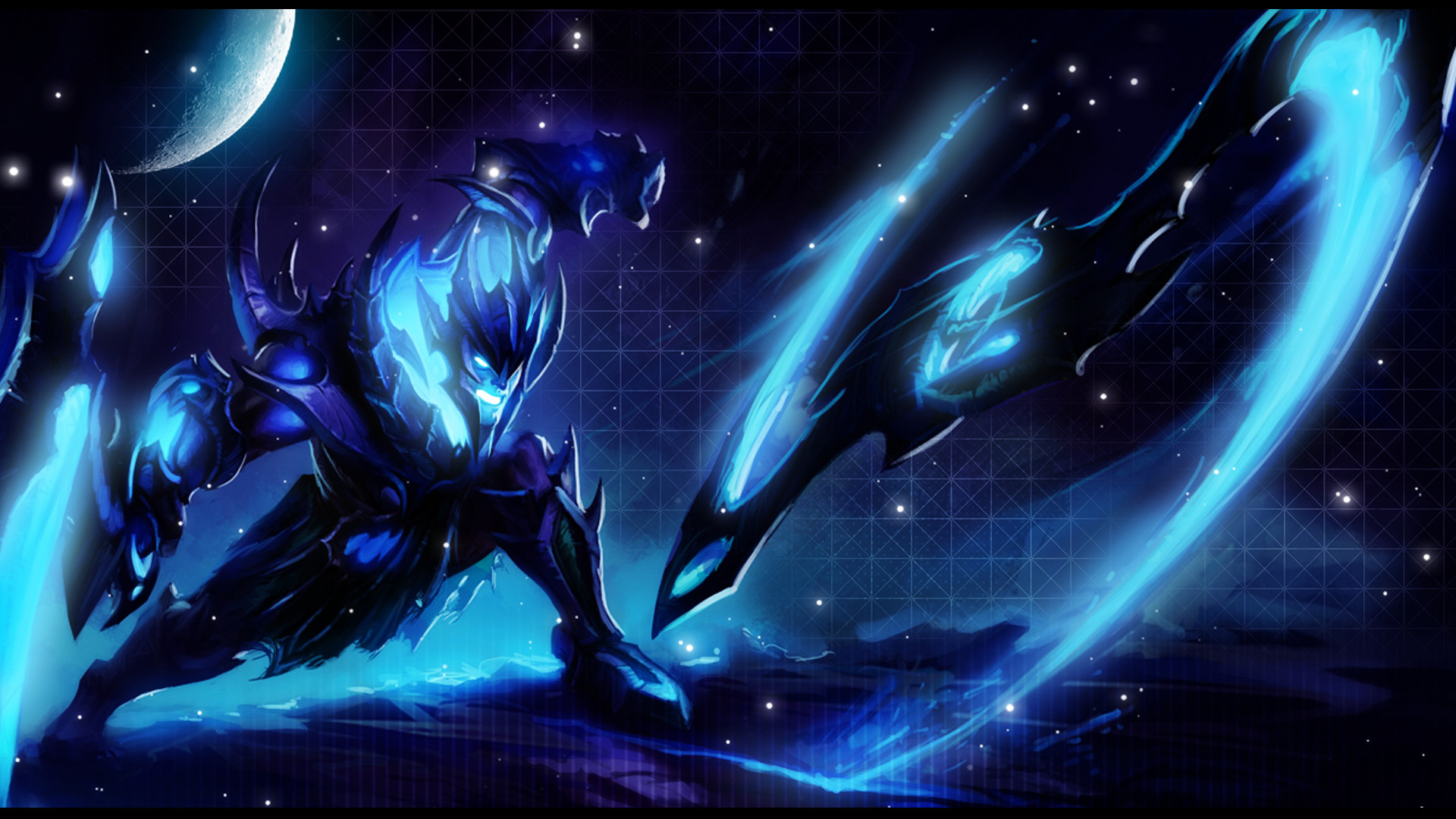 A menacing, dark blue, spectral warrior from League of Legends lunges forward, wielding ethereal energy blades against a backdrop of a crescent moon and starry sky