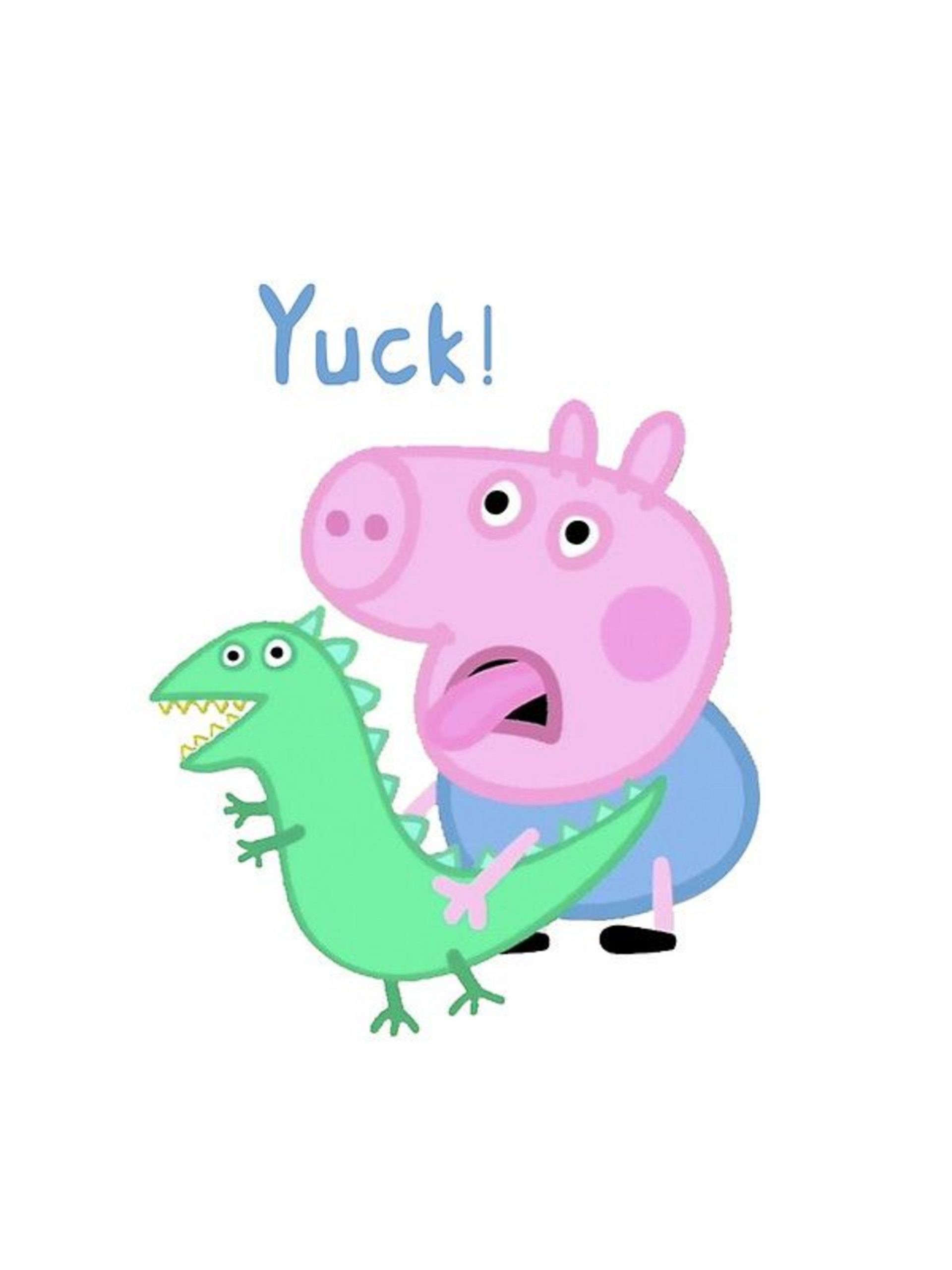 Peppa Pig expresses disgust as a dinosaur bites her behind in this humorous illustration