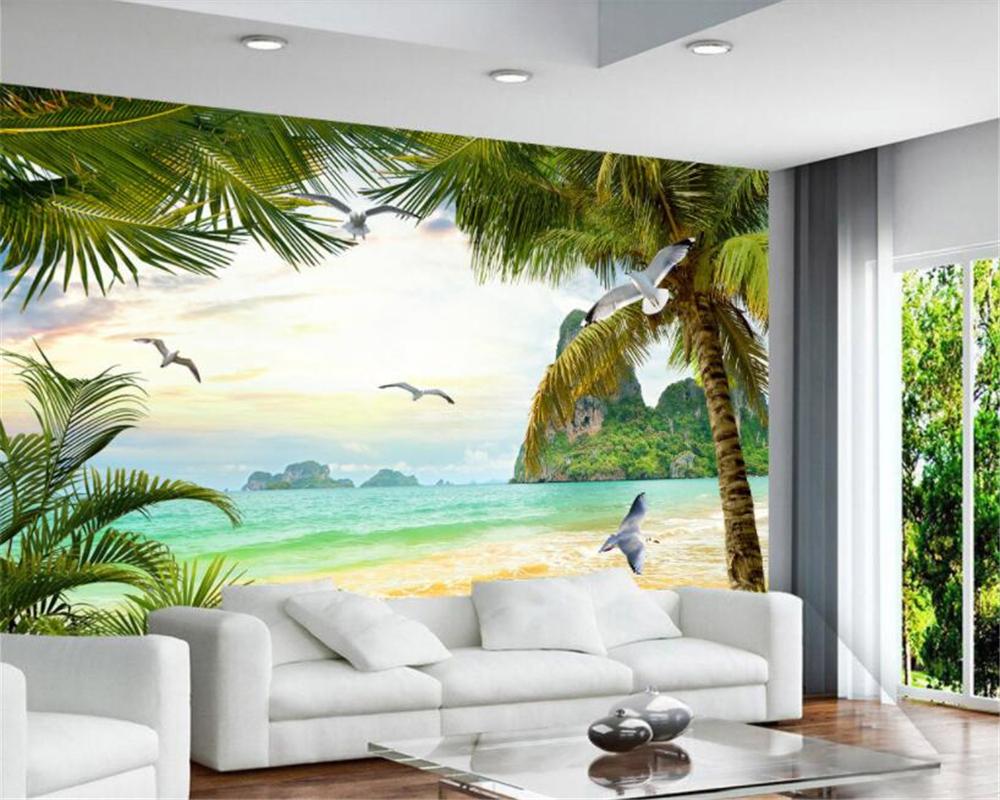 Custom Any Size Silk Cloth Wallpaper Beach Coconut Tree Landscape