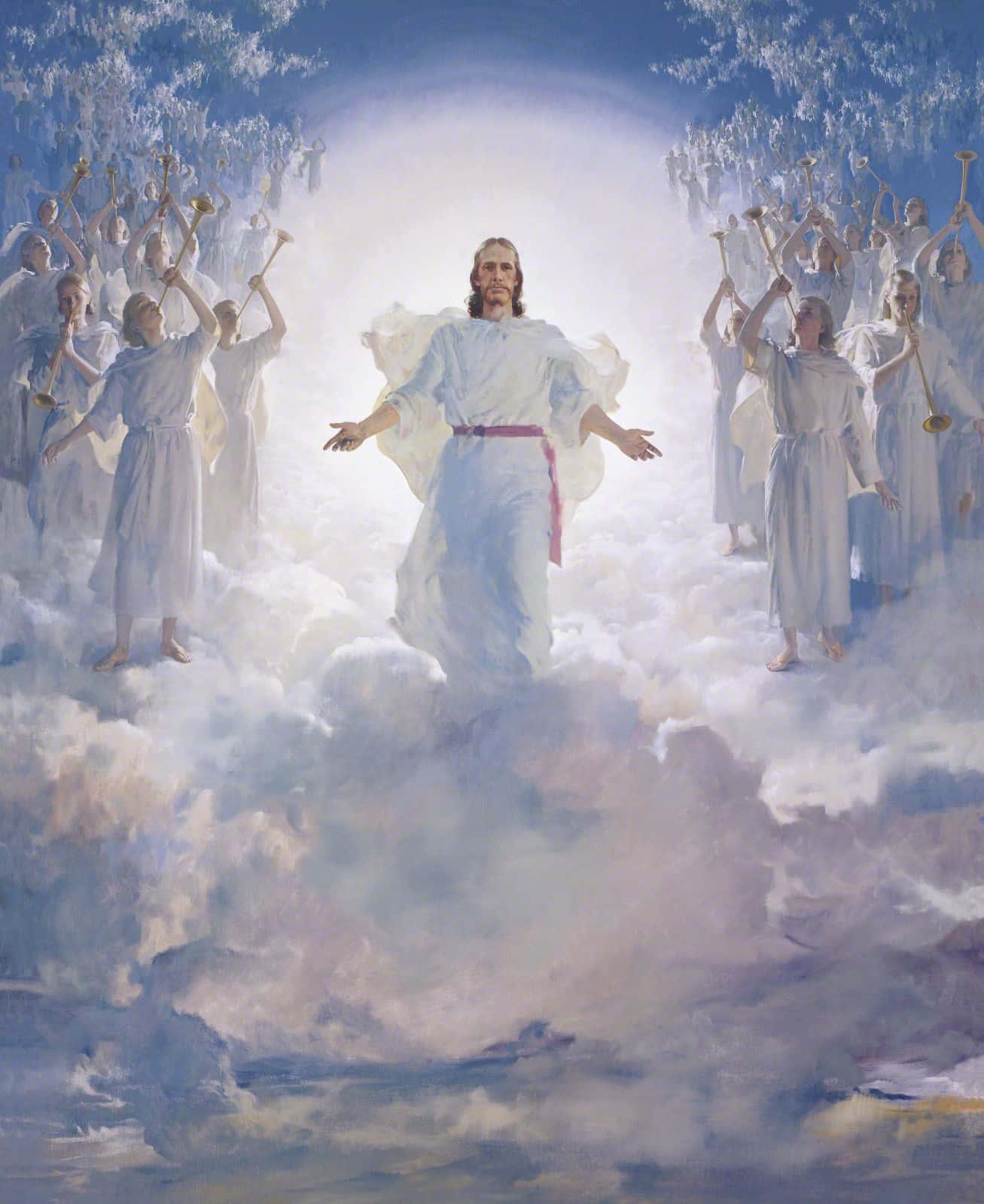 Jesus In Heaven With Angels Playing Trumpets Wallpaper